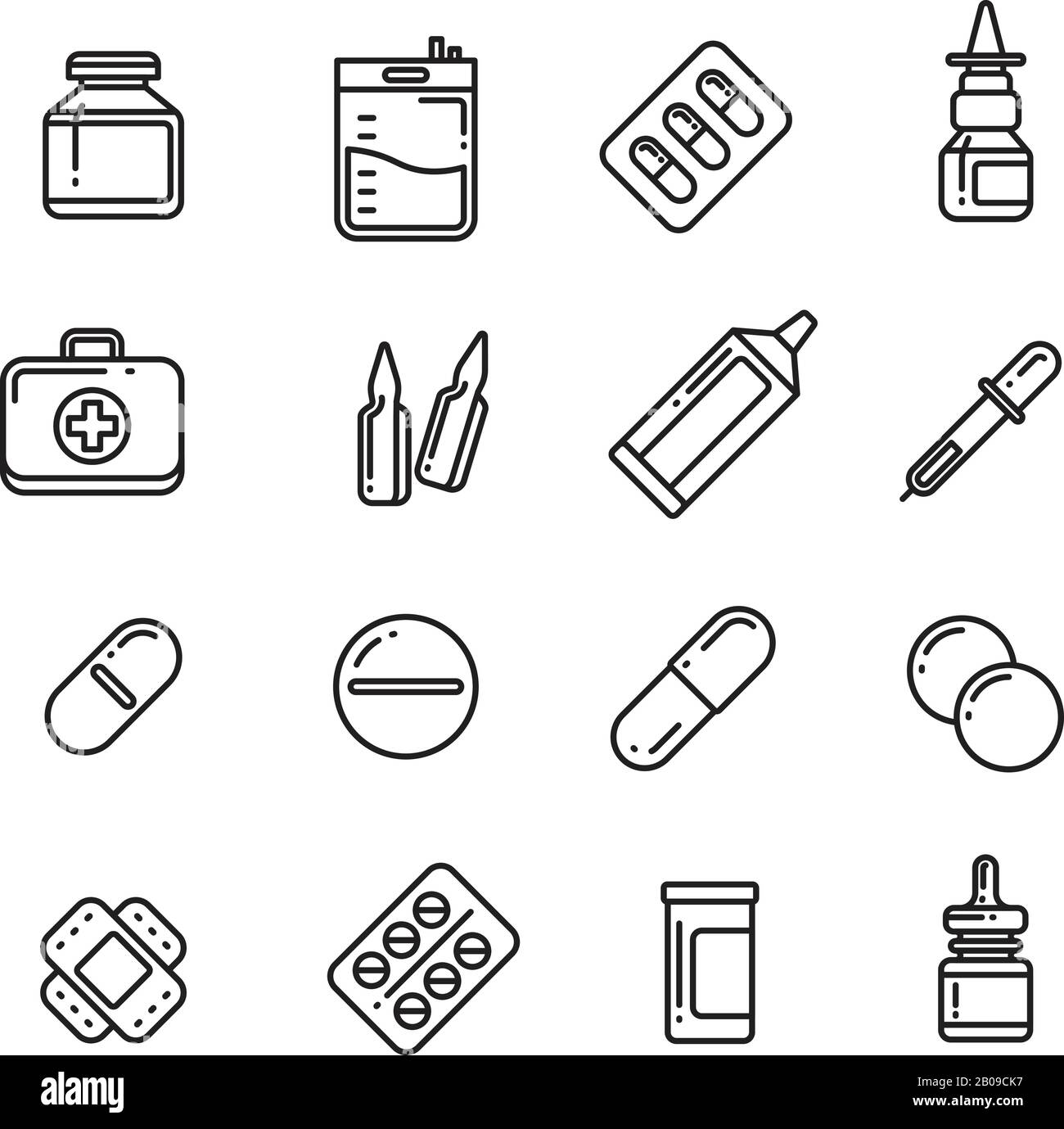 Pillole, farmaci, medicina di farmacia, icone vettori di linea di farmaci. Capsula di farmaco vitamina, compressa chimica in flacone illustrazione Illustrazione Vettoriale