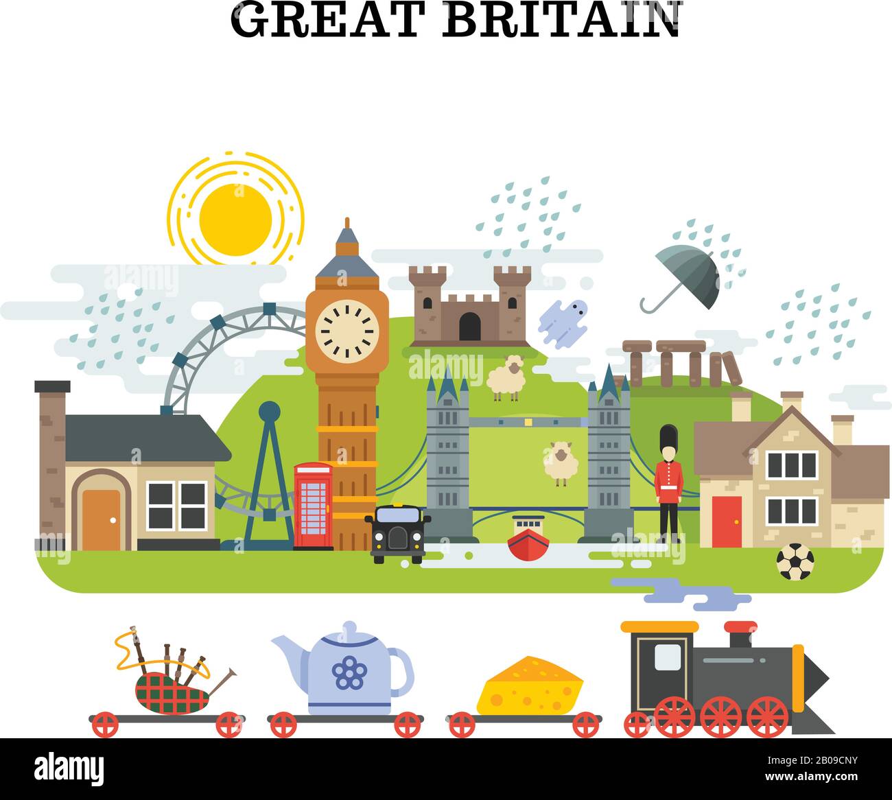 Gran bretagna e london Vector Viaggiare concetto. Banner turismo in inghilterra, poster con simbolo londra e inghilterra illustrazione Illustrazione Vettoriale