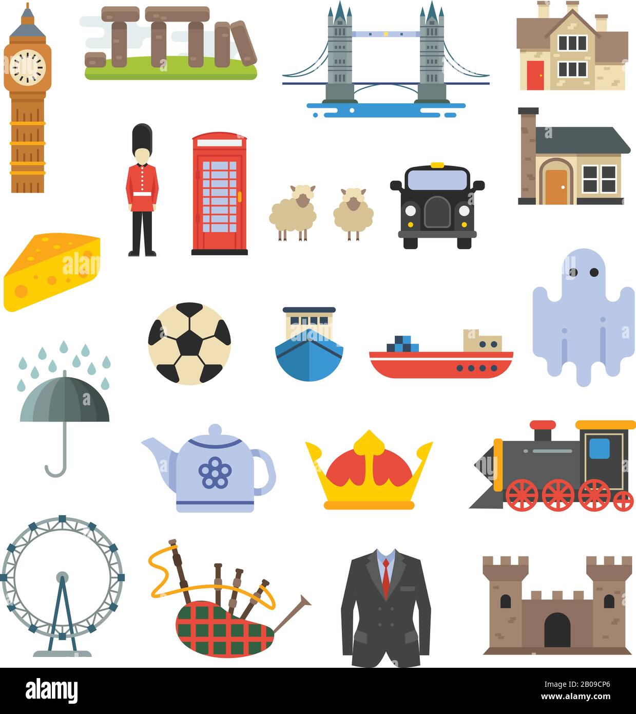 Inghilterra, gran bretagna, regno unito, simboli vettoriali. British Tower e Big ben, insieme di elementi della cultura inglese illustrazione Illustrazione Vettoriale