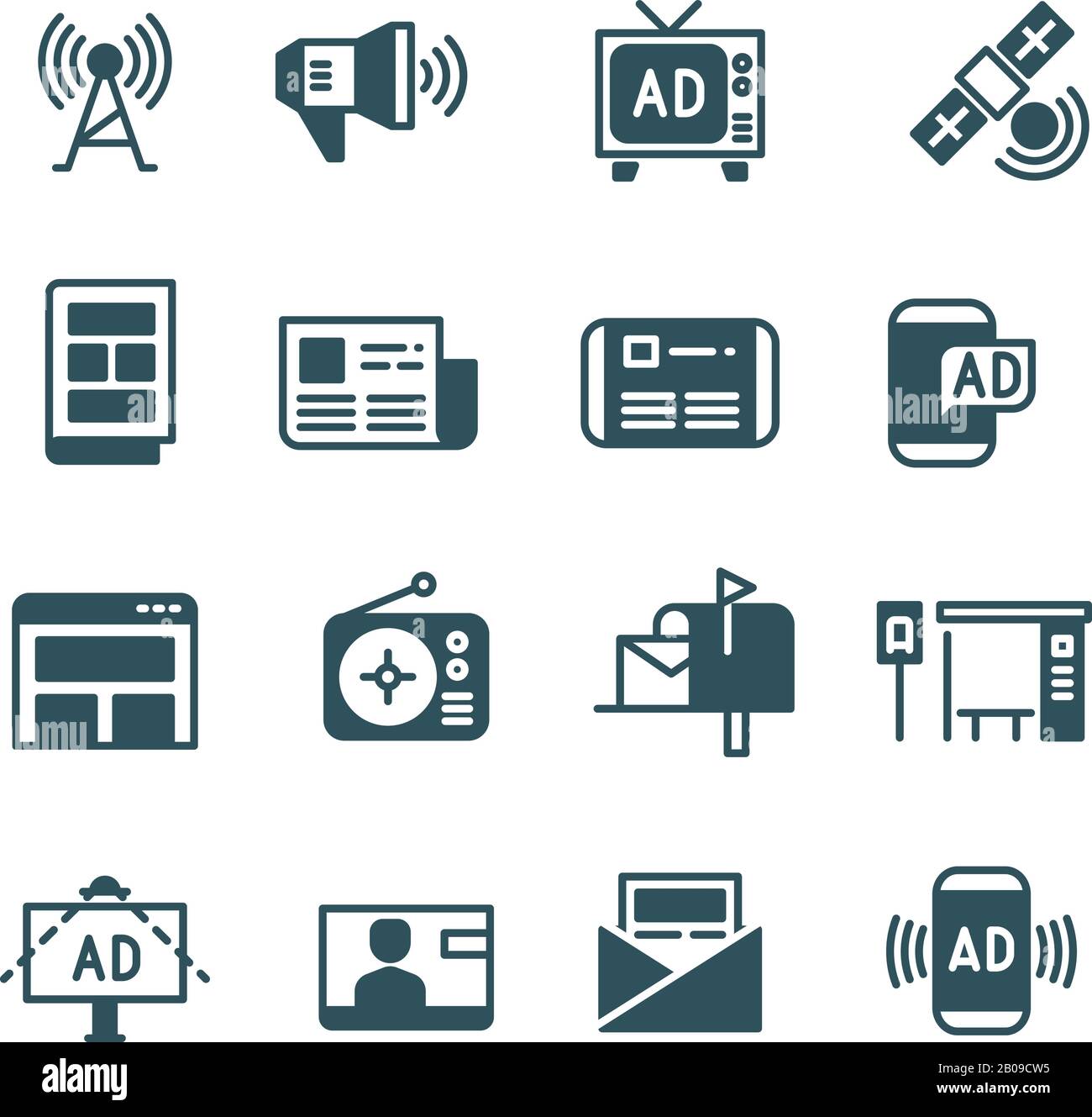 Pubblicità su schermo, pubblicità in televisione, pubblicità all'aperto, icone vettore annunci online. Pubblicità e annuncio radio, pubblicità su giornali e TV illustrazione Illustrazione Vettoriale