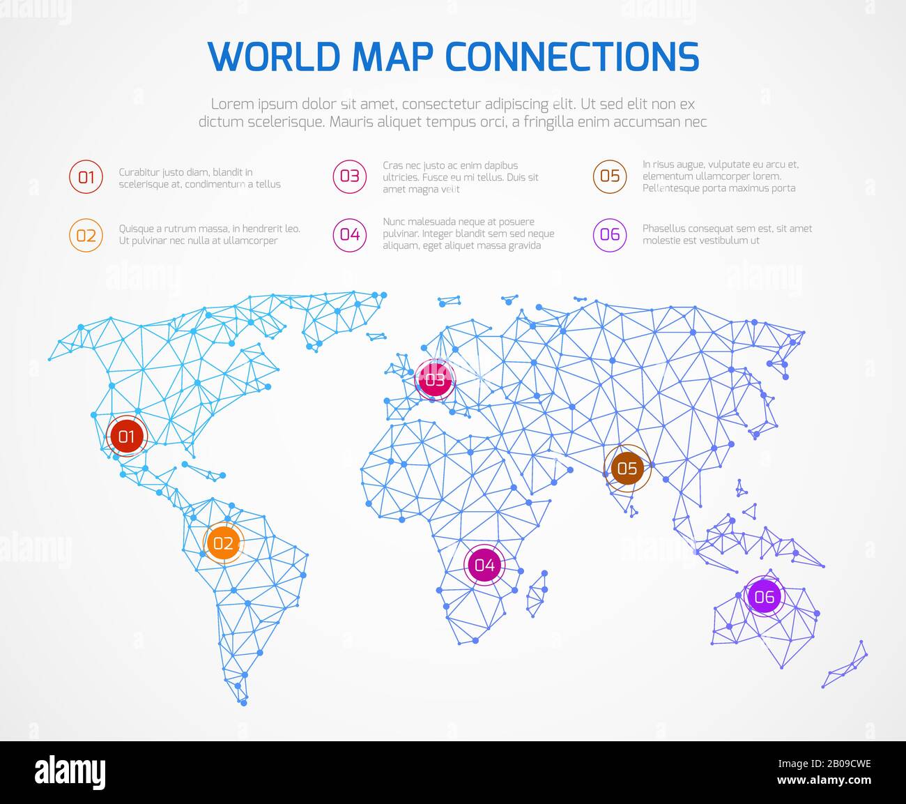 Modello di infografica vettoriale World map con connessioni Internet. Mappa con punto di connessione, illustrazione della mappa mondiale della rete spaziale Illustrazione Vettoriale