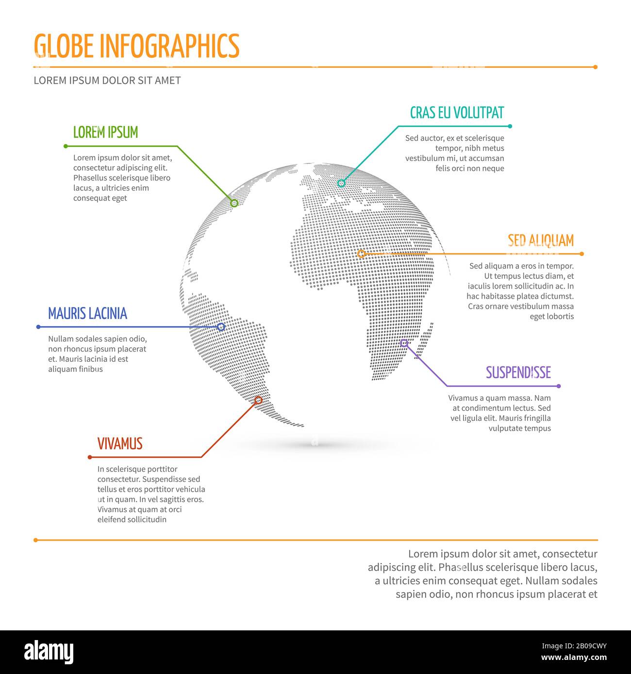 Connessione di rete globale, infografica vettoriale di significato internazionale con 3d mondo punteggiato mondo. Banner informazioni aziendali con illustrazione mondiale Illustrazione Vettoriale