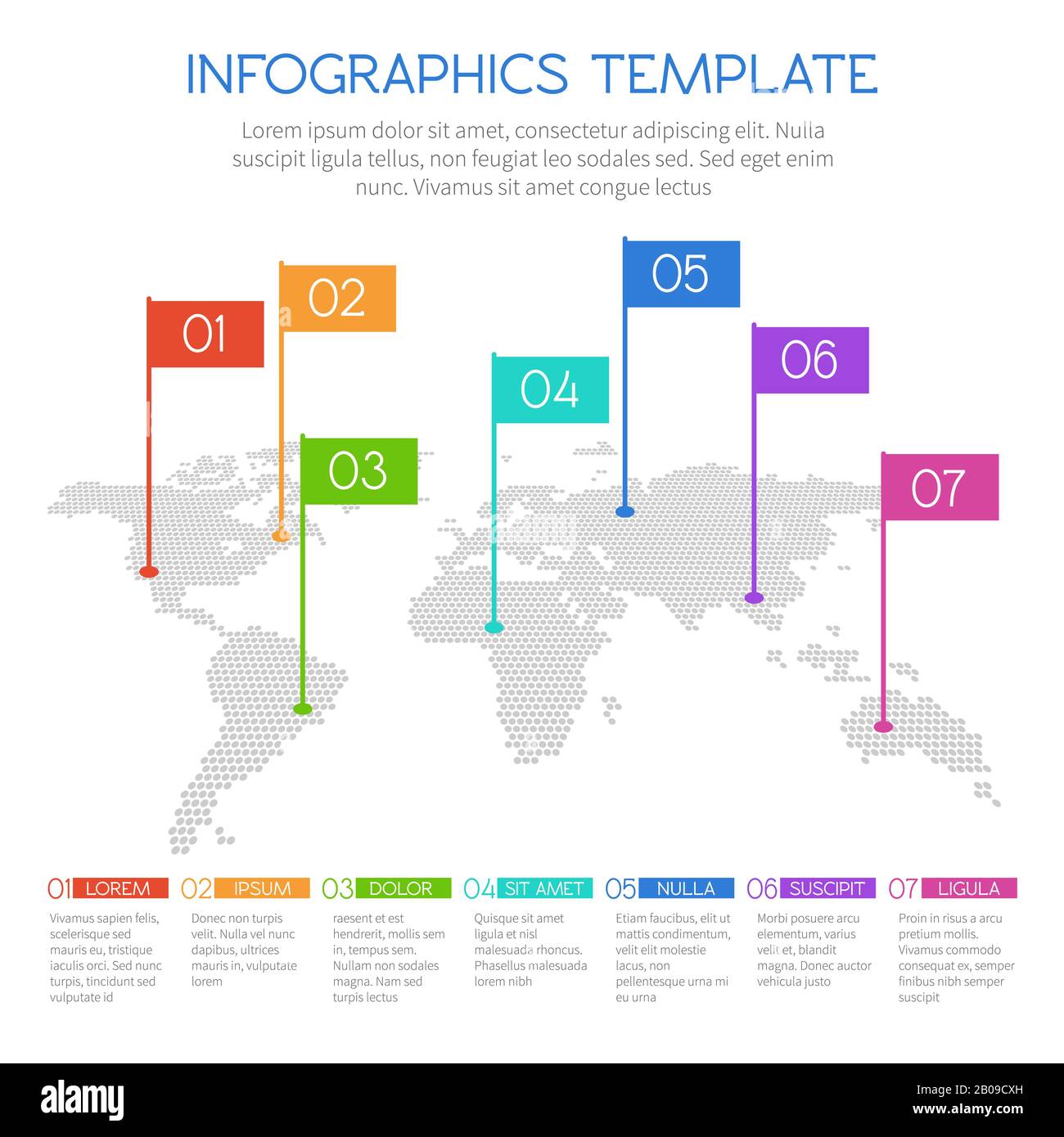 Mappa mondiale dei punti rotondi con grafici e diagrammi. Modello di infografica vettoriale. Mappa del mondo infografica e diagramma infografico con illustrazione della mappa Illustrazione Vettoriale