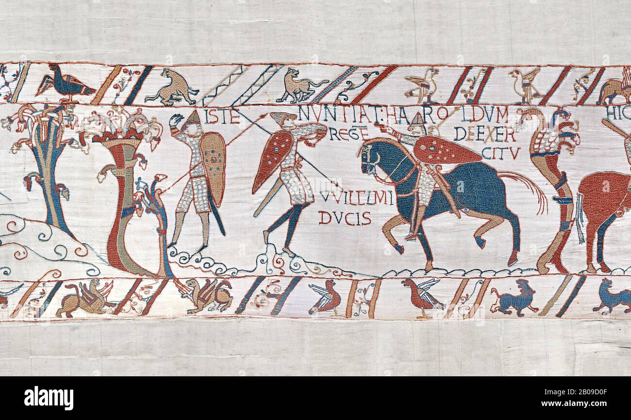 Bayeux Tapestry scena 50: Un guardiano sassone avverte dell'imminente esercito normanno. BYX50 Foto Stock