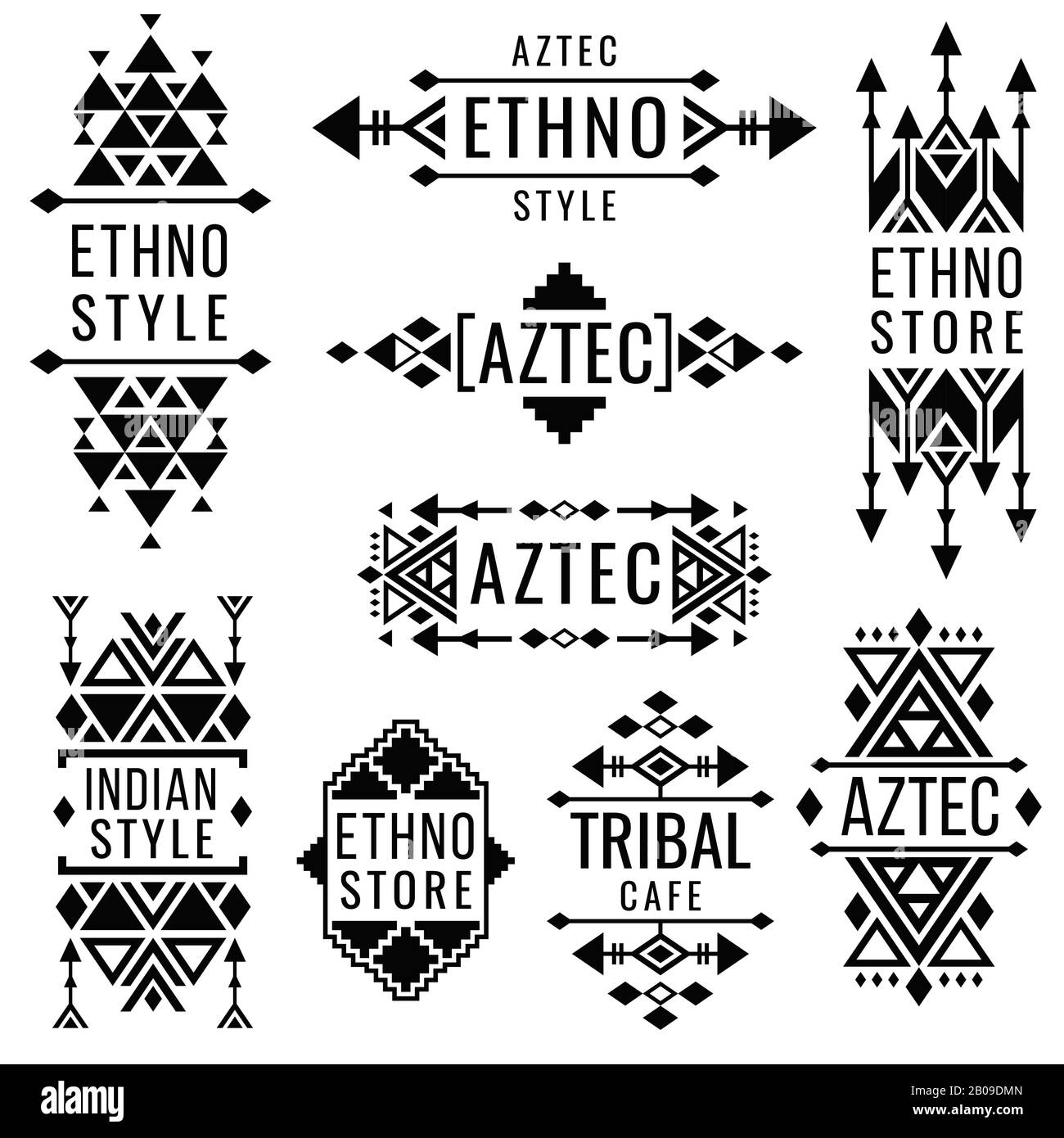 Ornamenti tribali di vecchio vettore messicano, natività indiana tradizionale logo. Badge geometrico in stile messicano o indiano per negozio etno, illustrazione del design messicano Illustrazione Vettoriale