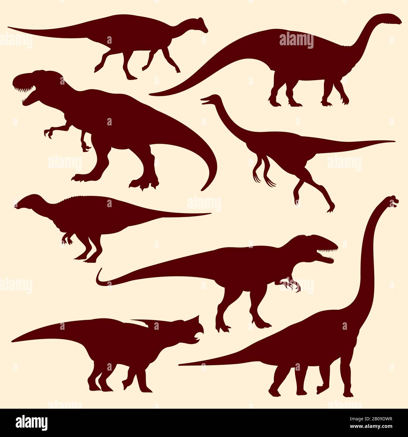 Dinosauri, fossili rettili sagome vettoriali. Set di dinosauro preistorico, illustrazione di un antico dinosauro selvatico Illustrazione Vettoriale