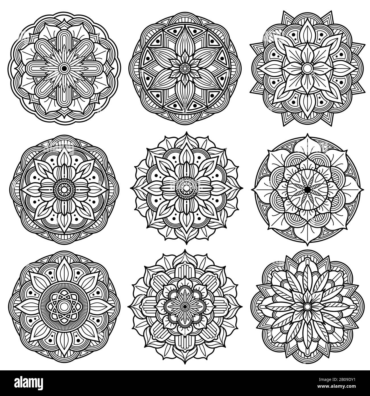 Medaglioni di yoga, mandalas meditazione, vettore di pattern arabesco. Set di mandala floreale, tatuaggio henné mandala decorazione illustrazione Illustrazione Vettoriale