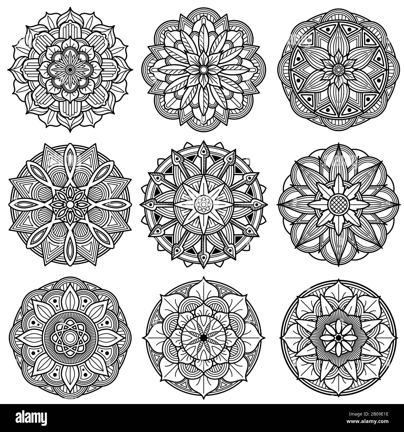 Meditazione indiana mandala modelli vettore. Set di mandala indiana monocromatica. Illustrazione di mandala floreale Illustrazione Vettoriale