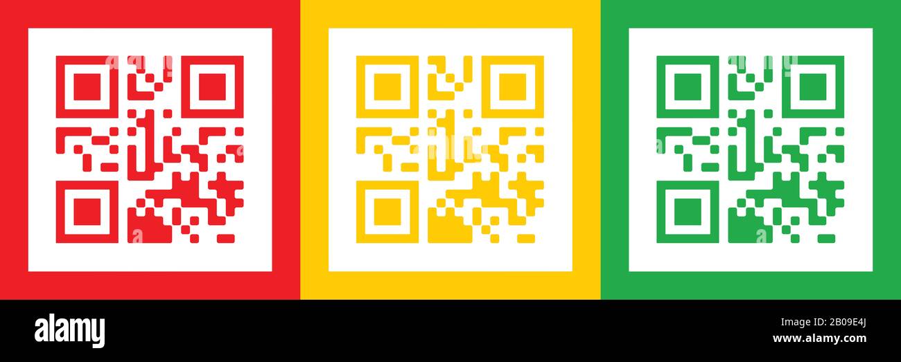 Coronavirus tre codici QR sistema sanitario rosso giallo e verde illustrazione digitale. Foto Stock