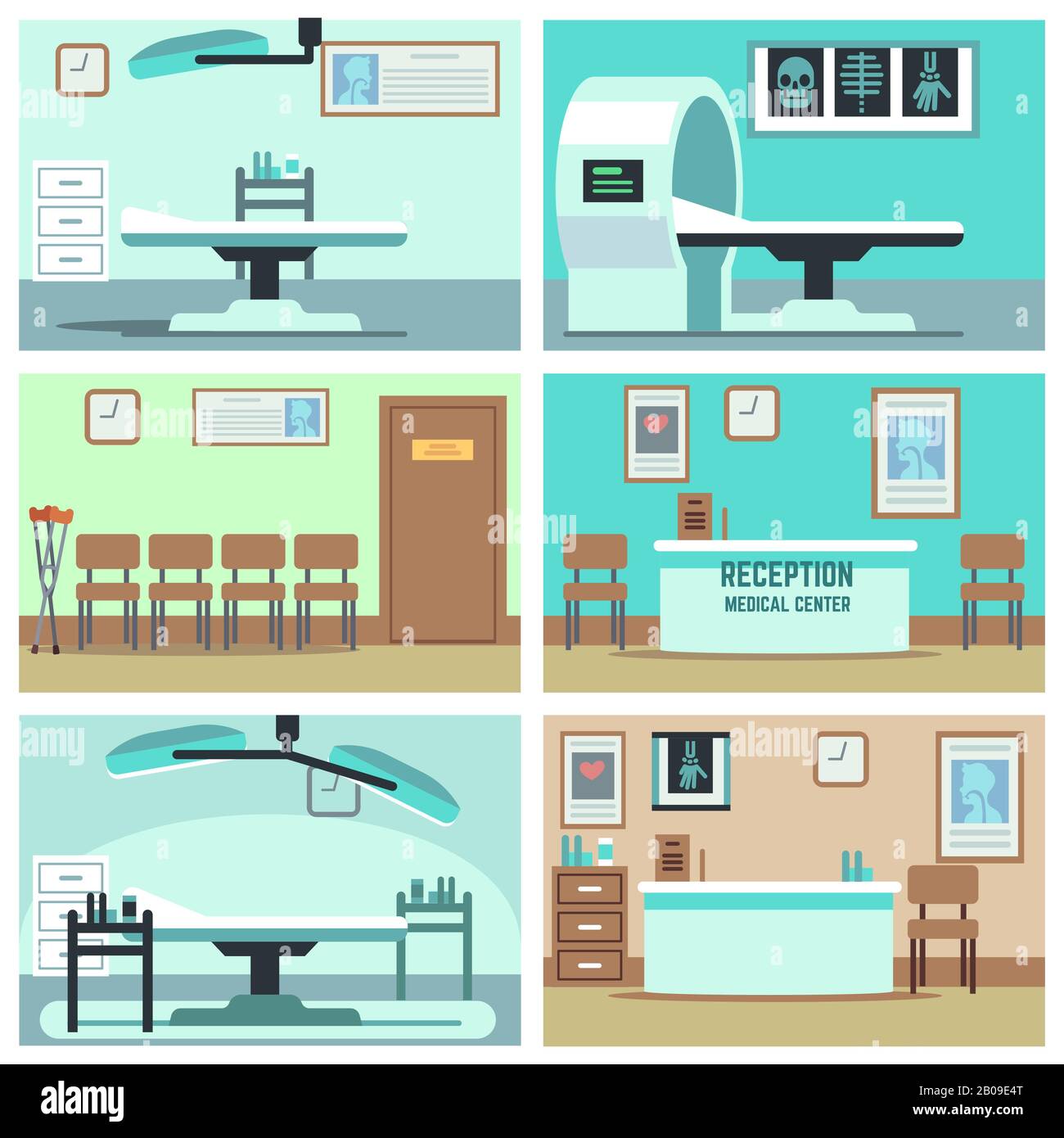 Ospedale vuoto, dottore, sala chirurgia, clinica vettore interiors set. Sala ospedaliera con raggi X e risonanza magnetica, camere interne in illustrazione clinica Illustrazione Vettoriale