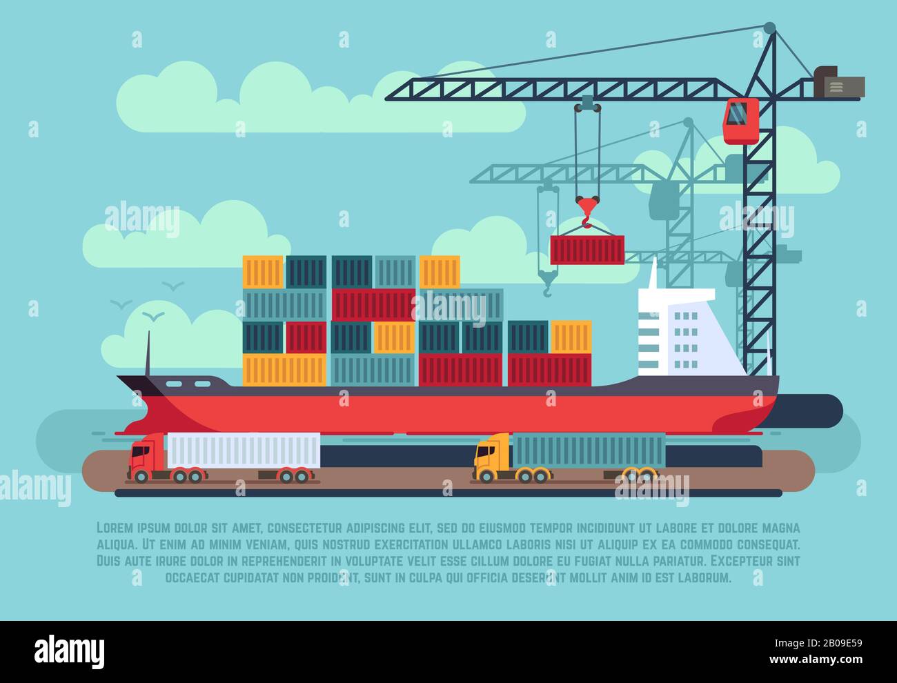 Trasporto cargo nave marittima caricamento container con gru portuale in porto vettore illustrazione. Nave in porto marittimo, nave da carico con container Illustrazione Vettoriale