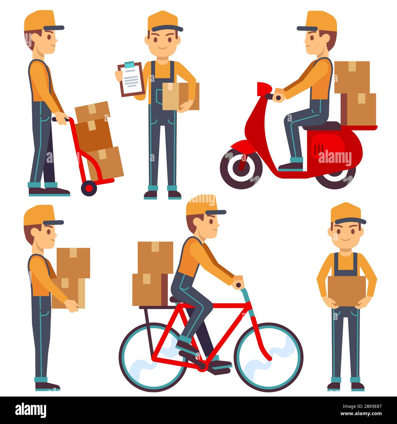Servizio di consegna MAN con set di caratteri vettoriali Box. Il corriere consegna il pacco sul ciclomotore o sulla bicicletta. Illustrazione dei servizi di consegna del corriere Illustrazione Vettoriale