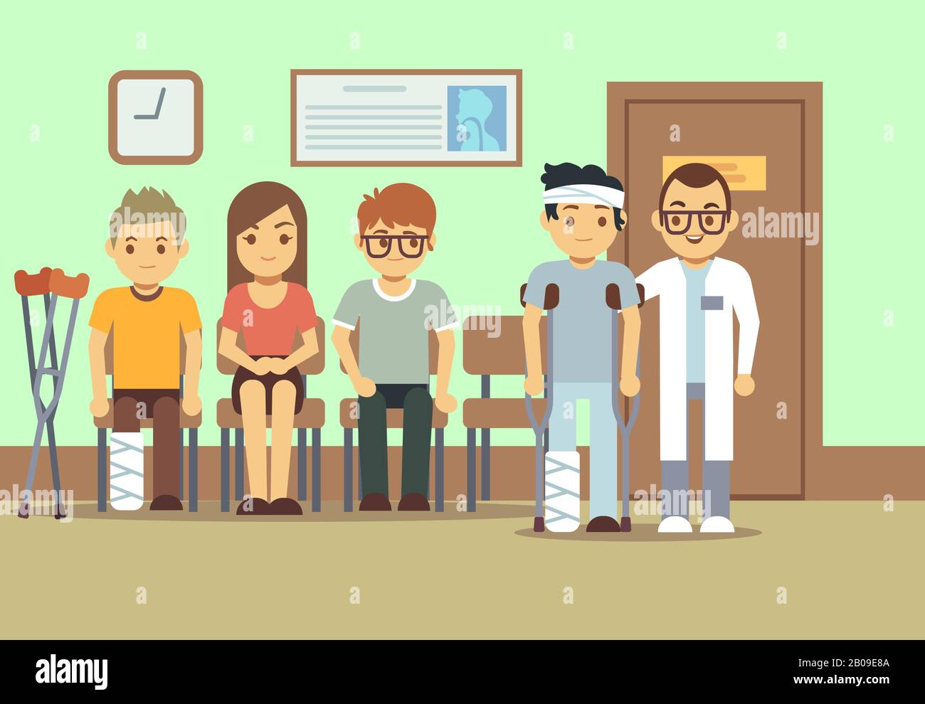 Pazienti in medici sala d'attesa presso l'ospedale, clinica medica. Salute vettore concetto. Persone in attesa in clinica, illustrazione della coda di malati al medico Illustrazione Vettoriale