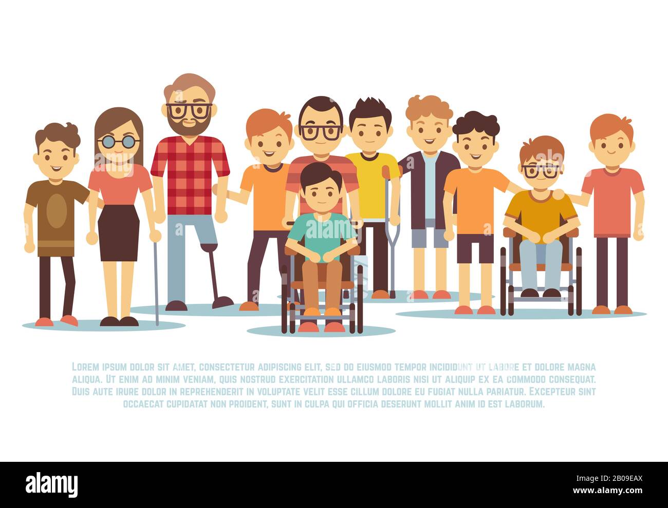 Bambini disabili, bambini handicappati, studenti diversi in carrozzina vettore set. Gruppo di disabili, illustrazione della tolleranza per le persone con disabilità Illustrazione Vettoriale
