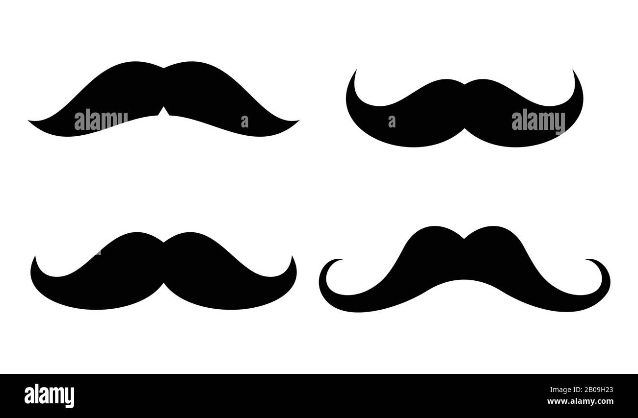 Icone di baffi vettoriali impostate in bianco e nero. Illustrazione del design dei baffi neri maschi Illustrazione Vettoriale