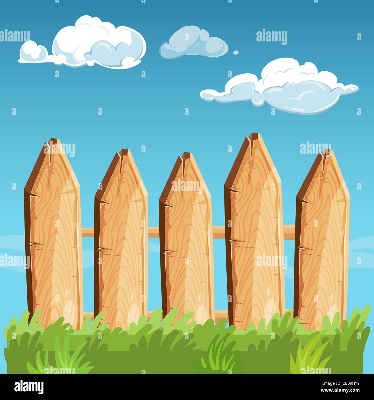 Cartoon rurale recinto di legno blu cielo illustrazione vettore. Recinzione in legno all'aperto Illustrazione Vettoriale