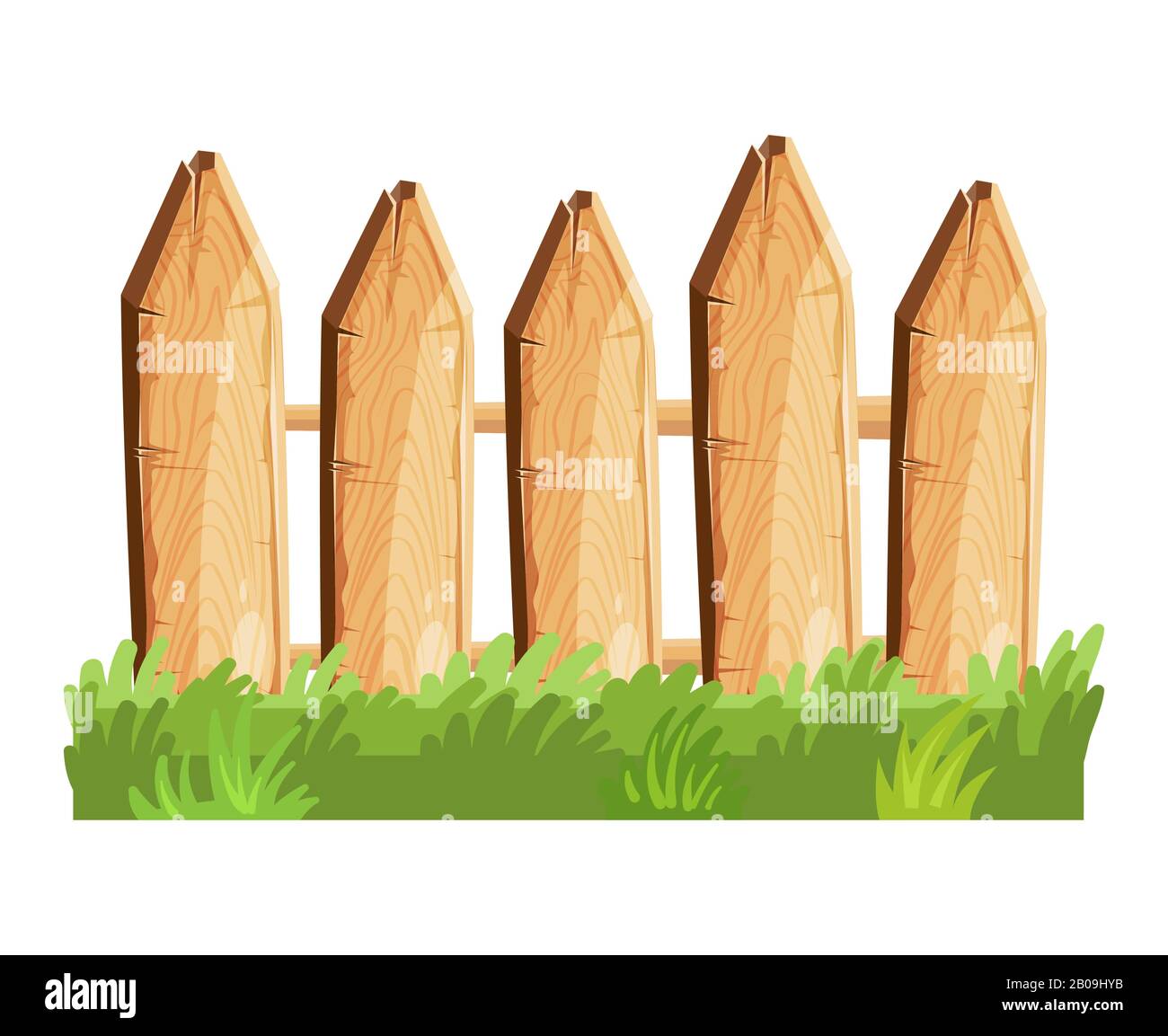 Cartone animato recinto di legno rurale in erba verde illustrazione vettoriale. Recinzione in legno da fattoria all'aperto Illustrazione Vettoriale