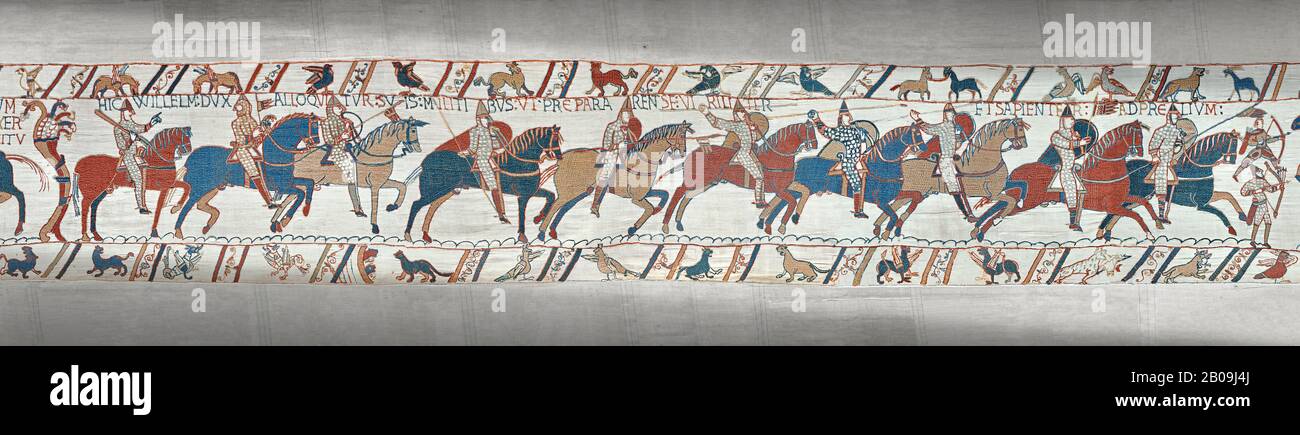 Bayeux Arazzo scena 51a : Duke William parla con i suoi soldati ordinandoli in battaglia. Foto Stock