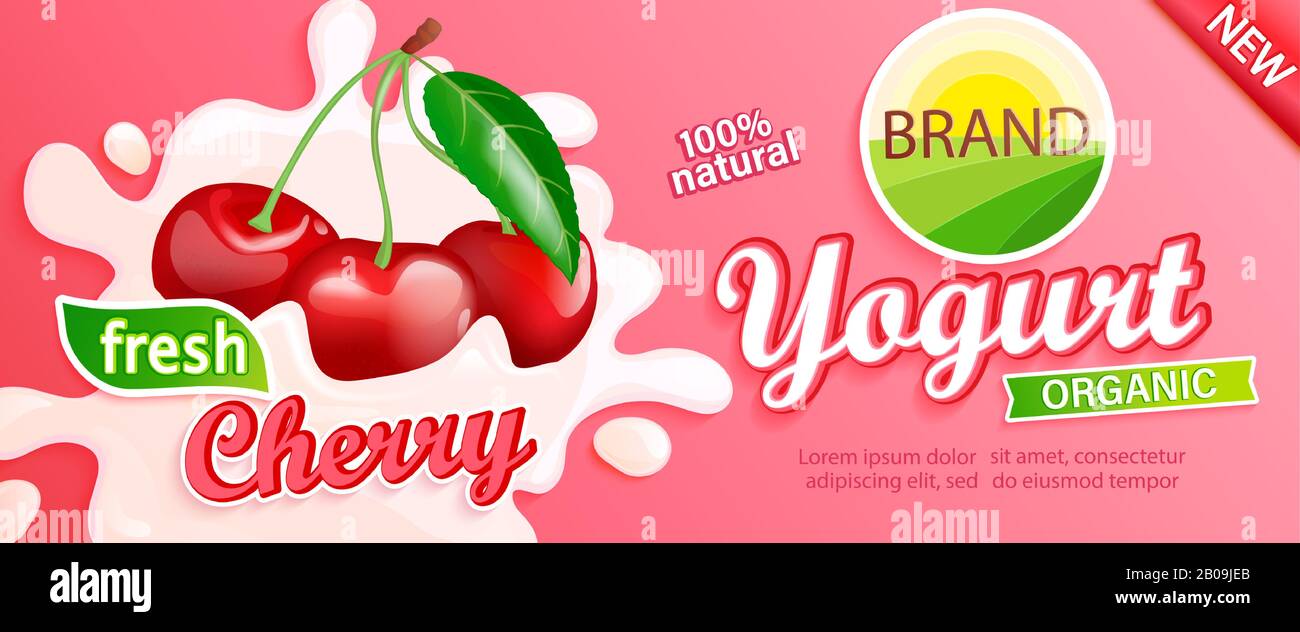 Etichetta yogurt ciliegio per design. Illustrazione Vettoriale