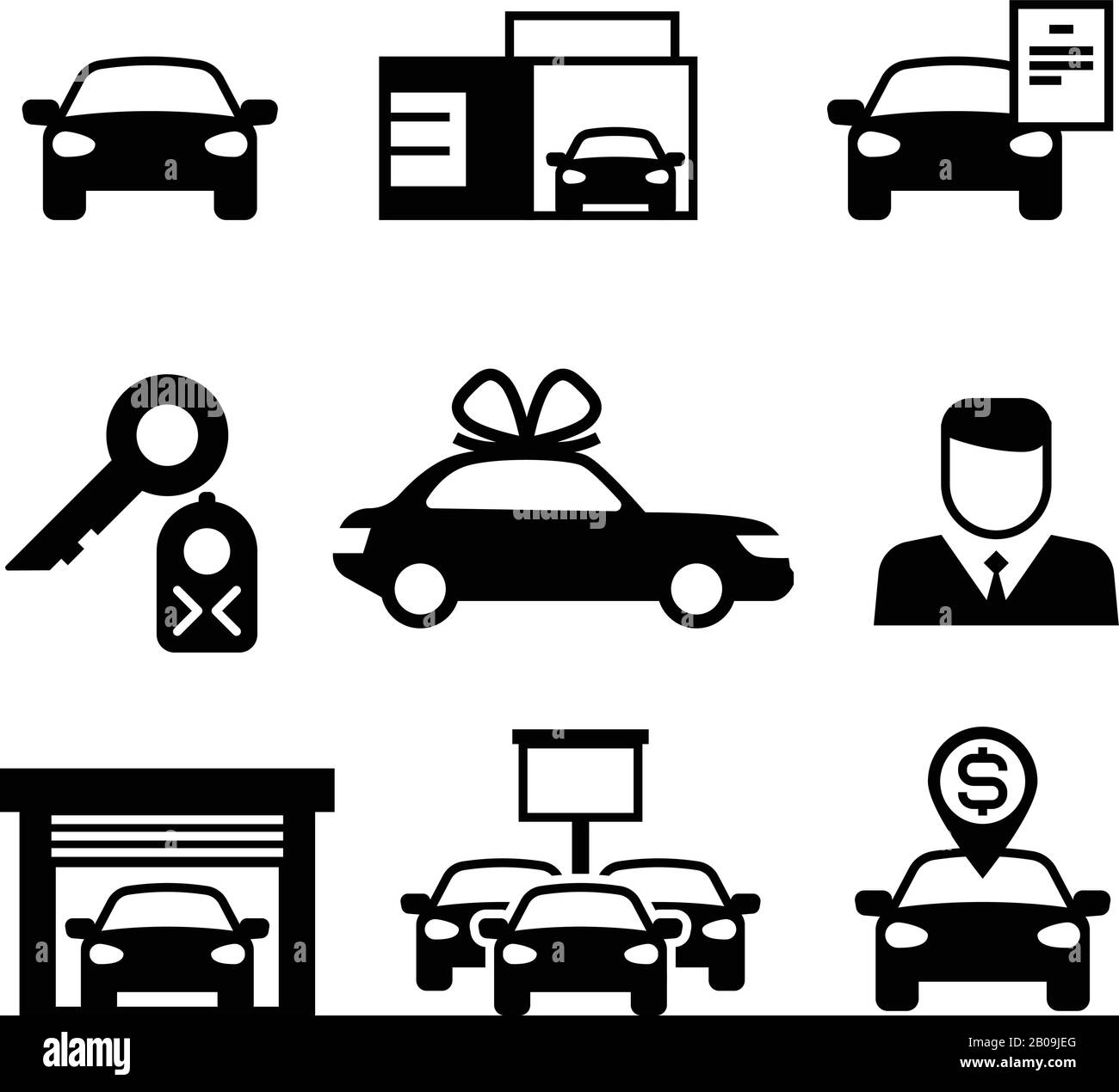 Auto concessionaria, industria automobilistica, vendita auto, acquisto e noleggio di icone vettoriali. Illustrazione delle vendite di automobili dell'icona Illustrazione Vettoriale