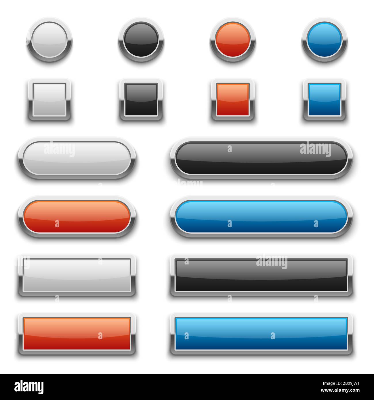 Pulsanti Vector rosso, blu, nero e bianco lucidi con cornice in metallo lucido. Immagine del pulsante in metallo del design, set di pulsanti lucidi per la progettazione del Web Illustrazione Vettoriale