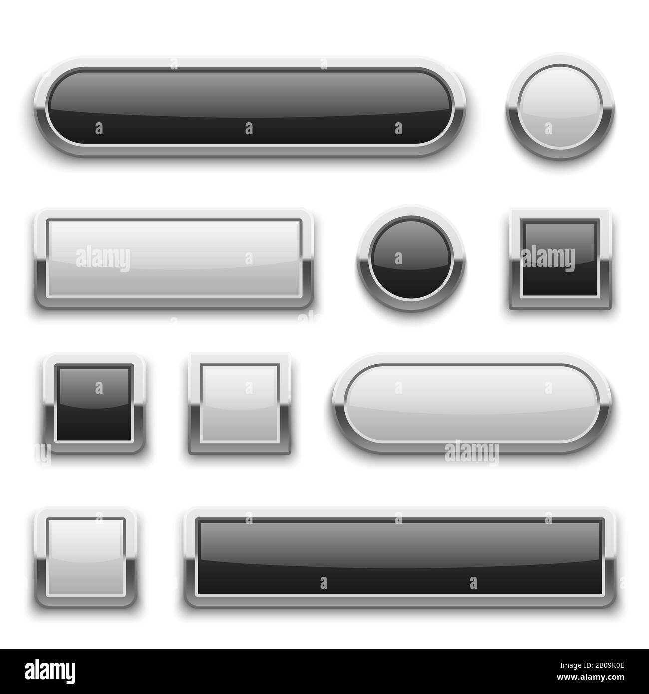Pulsanti con tecnologia 3d bianco e nero con cornice in metallo cromato argento lucido. Set vettoriale. Modello di pulsanti vuoti, illustrazione del pulsante del telaio in metallo per la progettazione del nastro Illustrazione Vettoriale