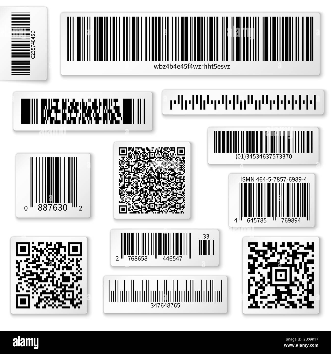 Etichette di imballaggio, codici a barre e QR su adesivi vettoriali  bianchi. Codice qr per il prodotto di identificazione in negozio, eseguire  la scansione dei dati utilizzando l'illustrazione del codice a barre