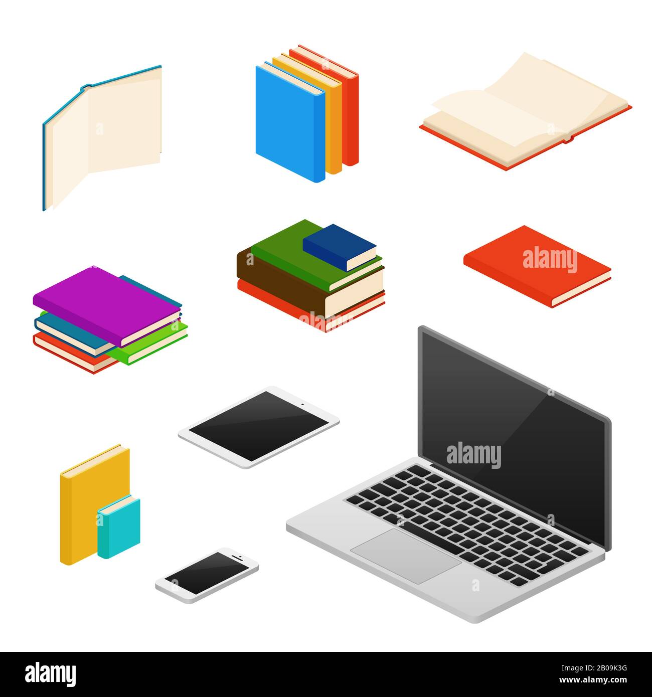 Biblioteca isometrica, materiale didattico, libri, computer e dispositivi. Apparecchiatura per l'apprendimento e lo studio, illustrazione del dispositivo di lettura Illustrazione Vettoriale