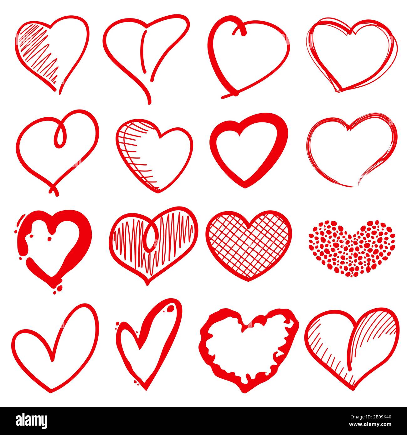 Forme di cuore disegnate a mano, romanticismo amore doodle segni vettoriali per le decorazioni di festa. Cuori rossi di schizzo, illustrazione del cuore di amore di decorazione Illustrazione Vettoriale