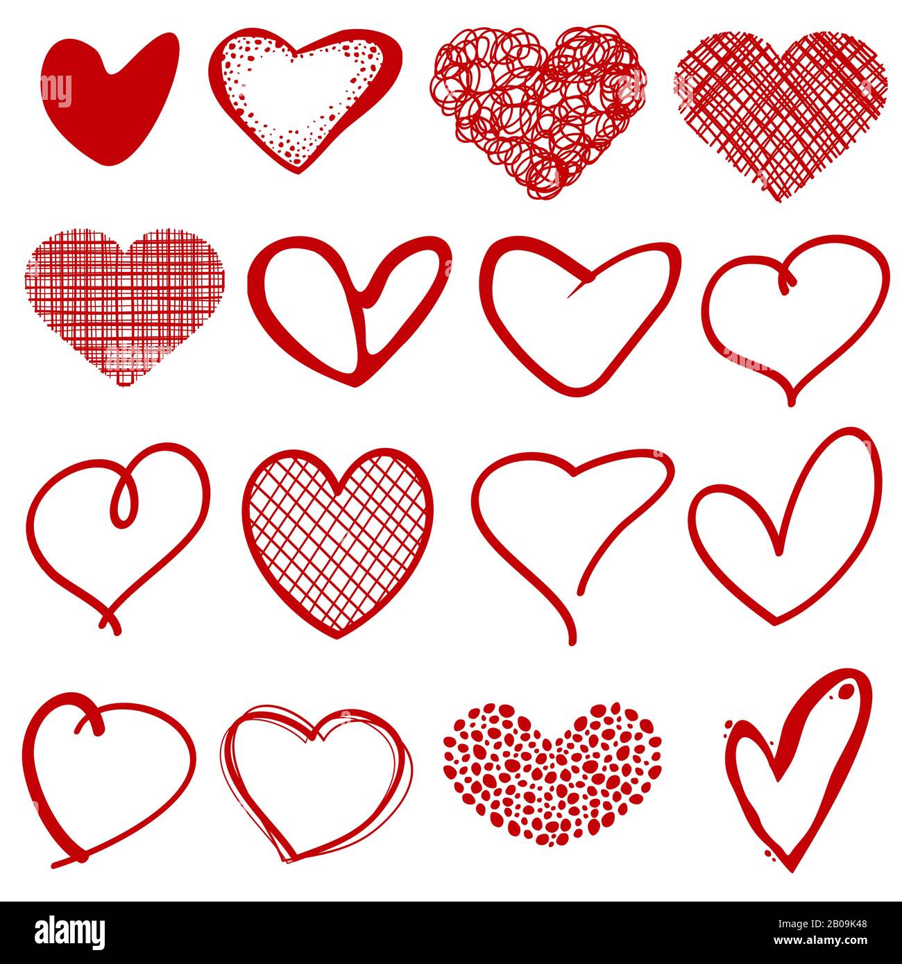 Vintage outline disegnato a mano sketchy vettore cuori. Forma cuore con reticolo di pattern, scribble stilizzato romantico cuori raccolta illutstration Illustrazione Vettoriale