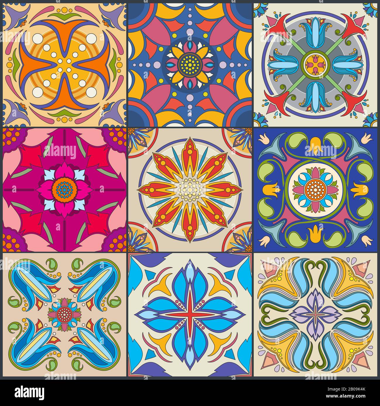 Mosaico vettoriale motivo continuo di piastrelle da parete, piastrelle messicane in ceramica. Piastrelle mosaico tradizionale per pavimento o parete, illustrazione di piastrelle floreali Illustrazione Vettoriale