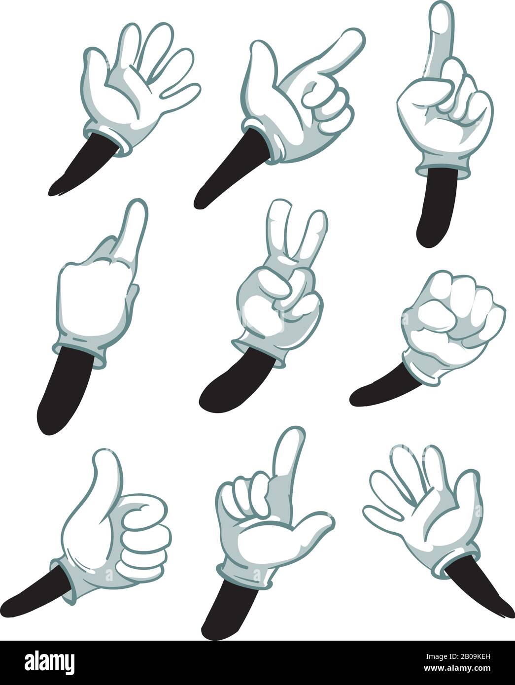 Bracci di cartone animato, mani gloved. Parti di illustrazione del vettore di corpo. Indossate guanti bianchi, insieme di gesti delle mani Illustrazione Vettoriale
