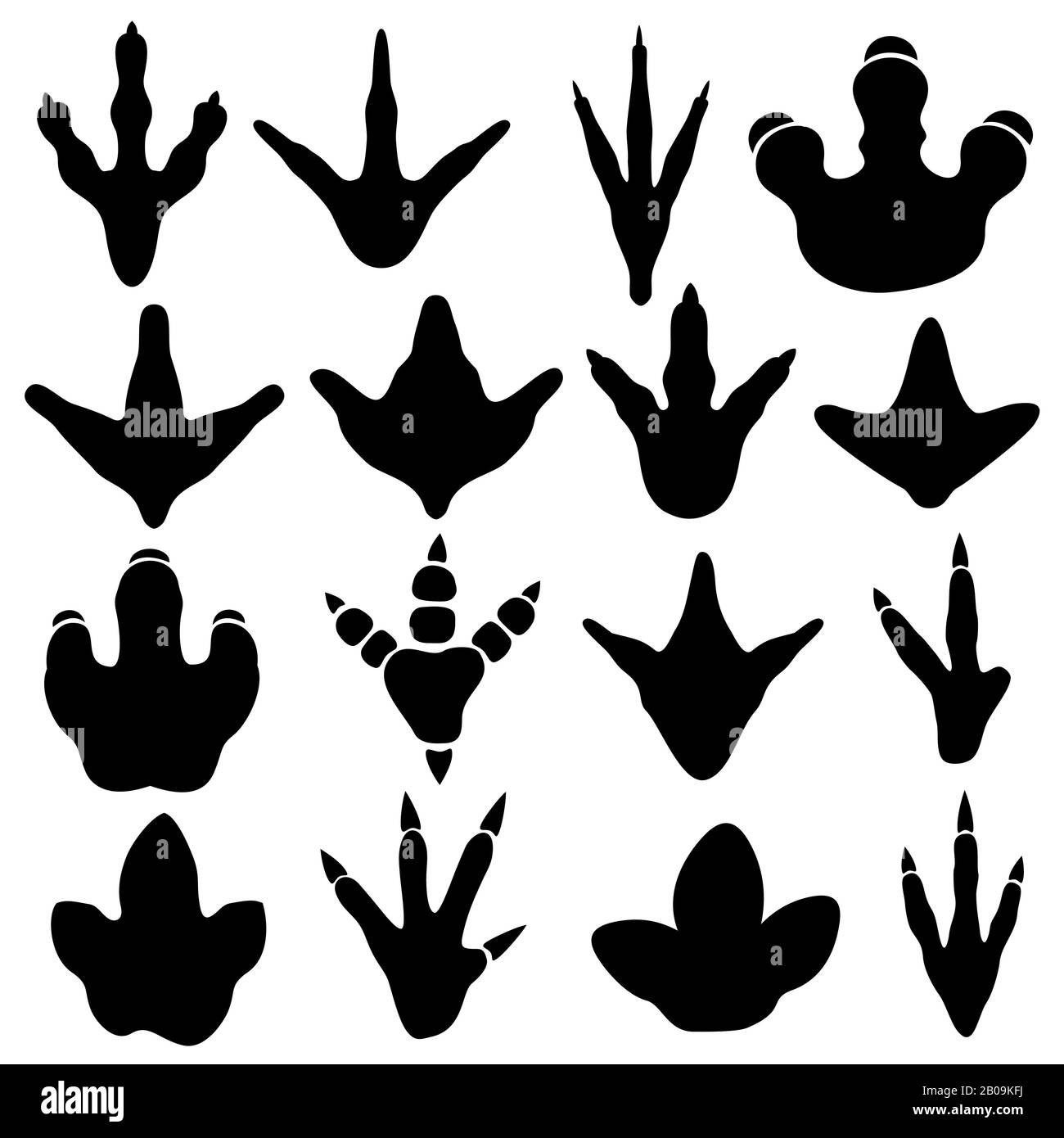 Set vettoriale di silhouette con impronta a artiglio dinosauro. Dinosauro con impronta preistorica, illustrazione dell'impronta selvaggia Illustrazione Vettoriale