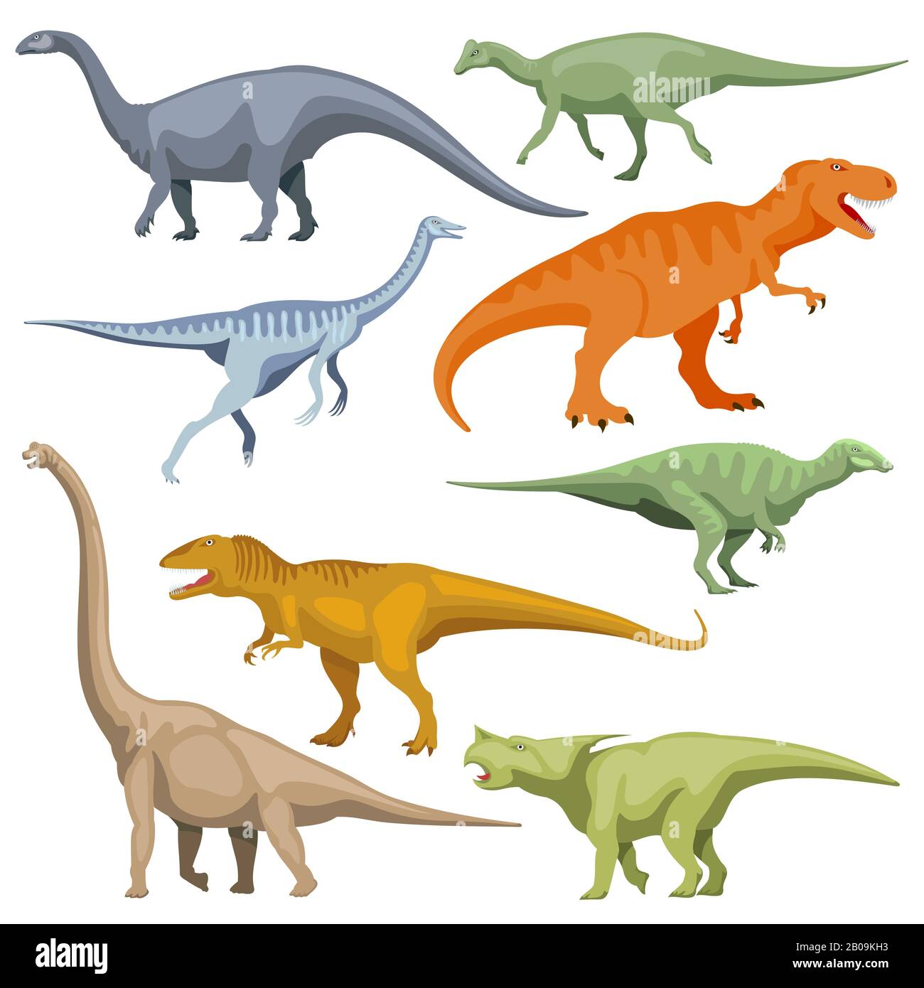 Dinosauro cartoni animati, vettore rettili. Set di dinosauro cartoon a colori, illustrazione di dinosauro predatore preistorico Illustrazione Vettoriale