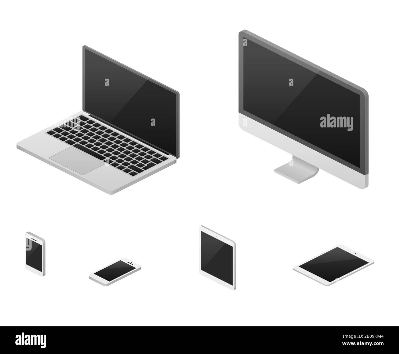 Isometrico 3d laptop, tablet, smartphone, computer schermo reattivo web design elementi vettoriali. Set di dispositivi con schermo piatto, illustrazione del dispositivo per la comunicazione Illustrazione Vettoriale