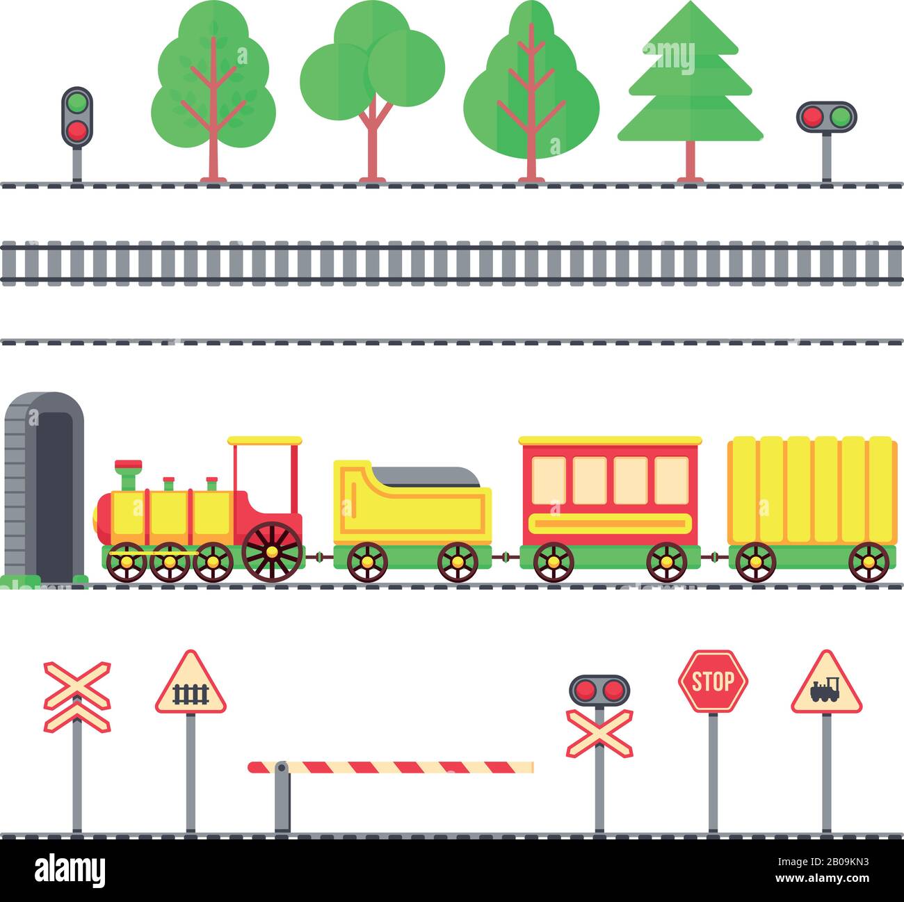 Cartone animato giocattolo treno passeggeri, ferrovia bambini, segni ferroviari e semafori. Locomotiva giocattolo con vagoni, illustrazione di elemento albero e treno per ferrovia Illustrazione Vettoriale