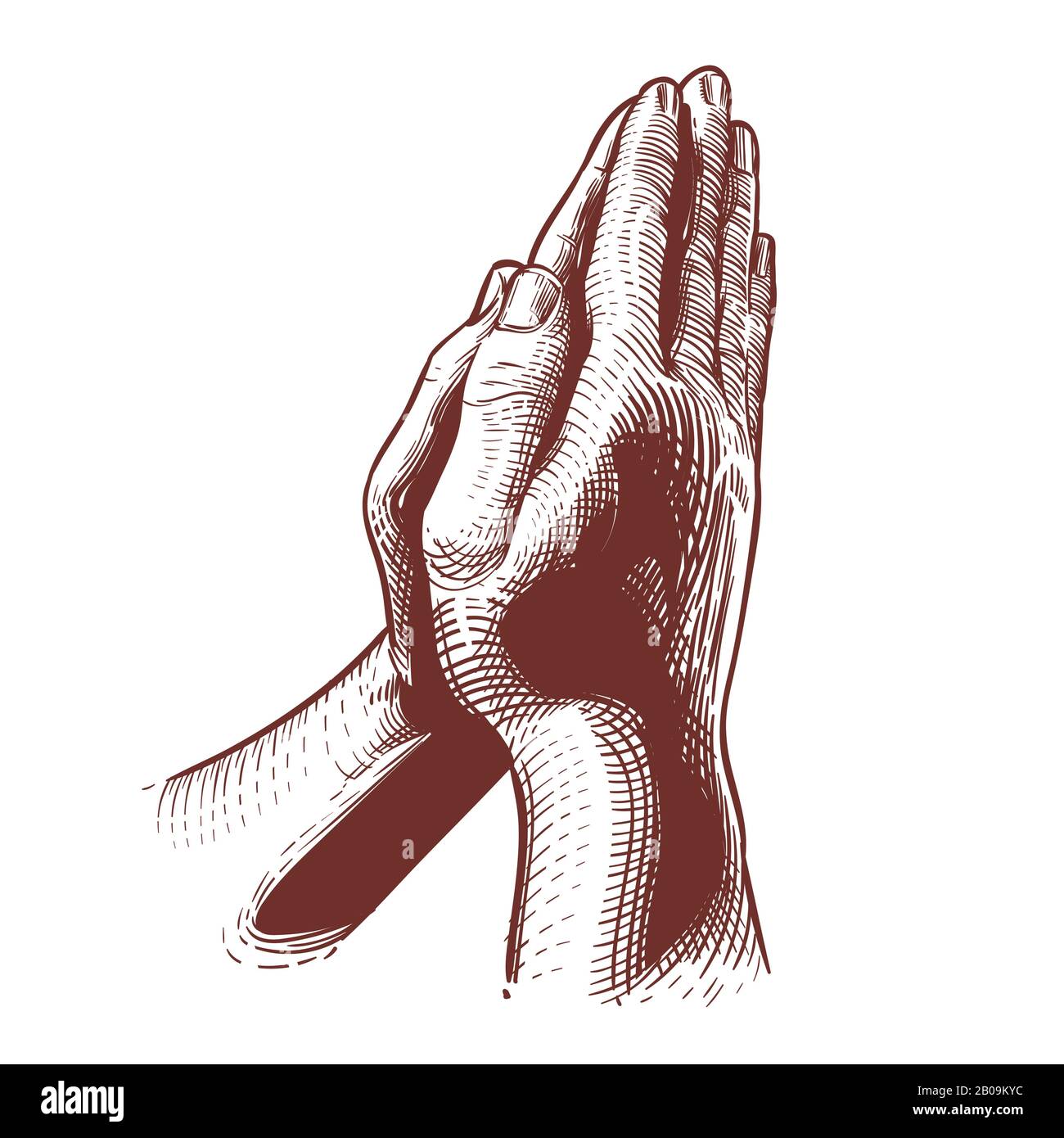 Pregare le mani, la preghiera sulla bibbia, le mani benedicenti illustrazione vettoriale disegnata a mano religiosa. Mani simboliche unite per pregare dio Illustrazione Vettoriale