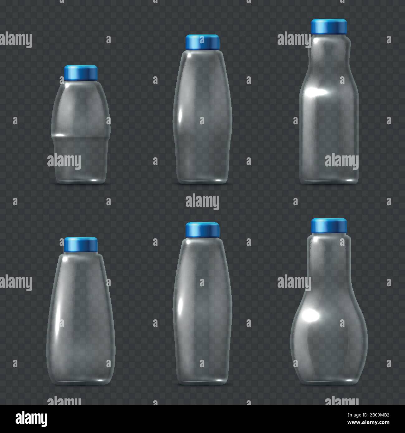 Vetro vuoto fragile imballaggio, bottiglie di vetro trasparente latte, succo di frutta e acqua vettore illustrazione. Set di bottiglie vuote con tappo per acqua, bottiglie trasparenti e realistiche Illustrazione Vettoriale