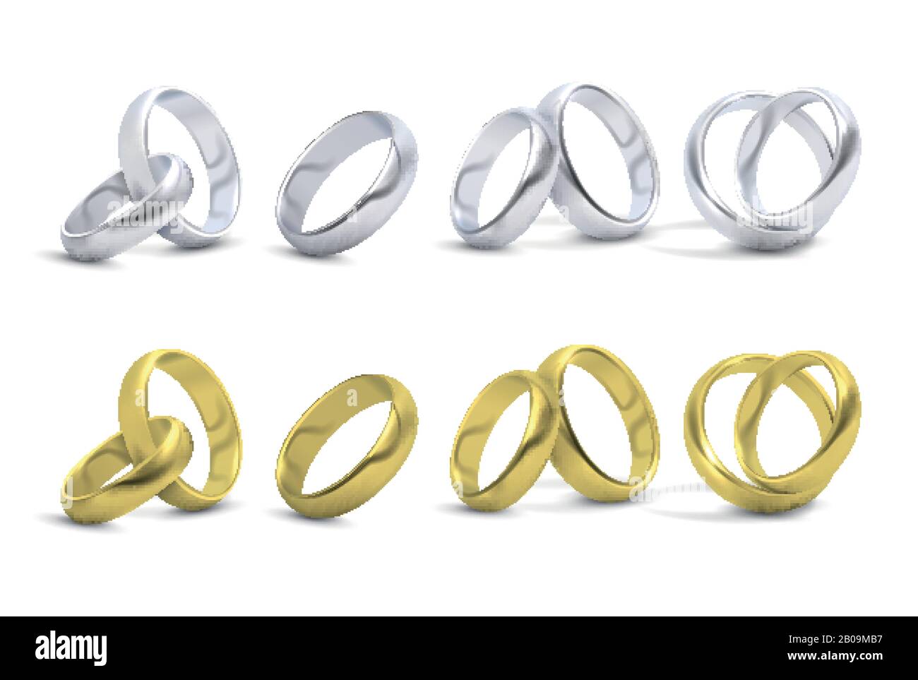 Matrimonio oro e argento, anelli di fidanzamento isolato su vettore bianco. Anelli luminosi in metallo per il matrimonio, illustrazione di anelli dorati alla cerimonia Illustrazione Vettoriale