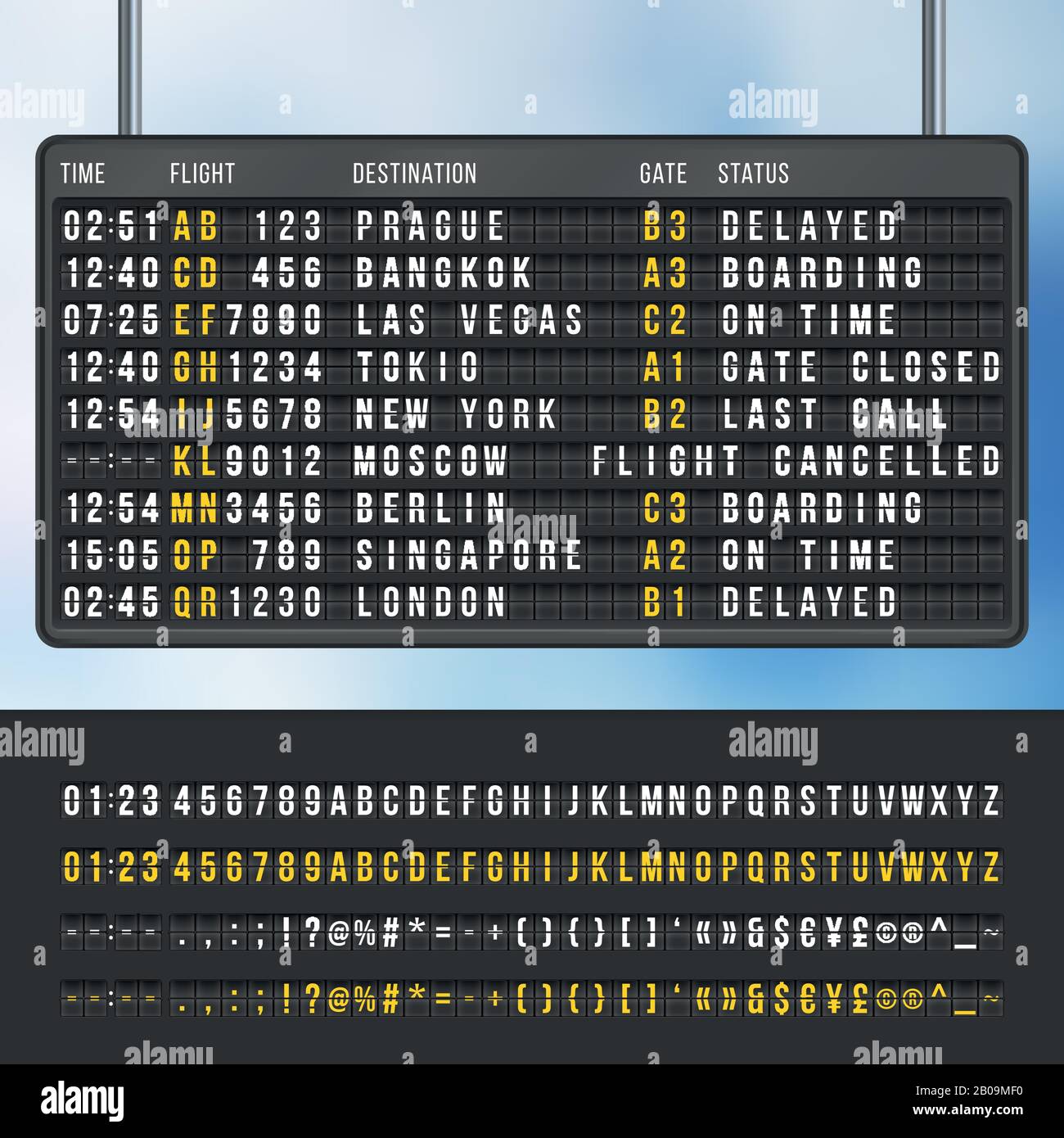 Airport flip arrivi informazioni tabellone vettore mockup. Visualizzazione con informazioni volo e destinazione, illustrazione del tabellone informativo Illustrazione Vettoriale