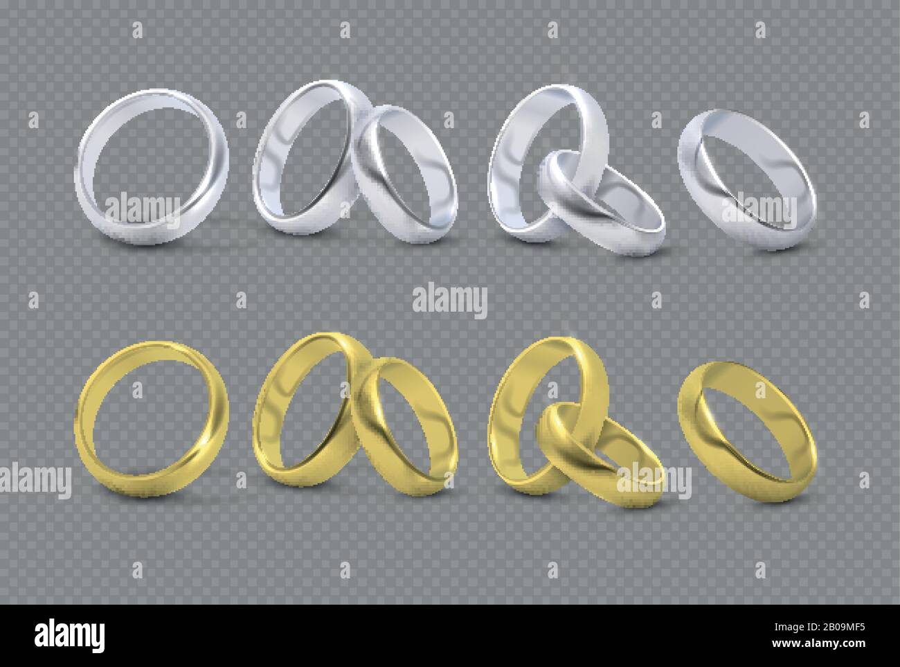 Vettore lusso argento e oro matrimonio, anelli di matrimonio isolato su sfondo trasparente a scacchi. Anello dorato al matrimonio, illustrazione di anelli di lusso argento Illustrazione Vettoriale