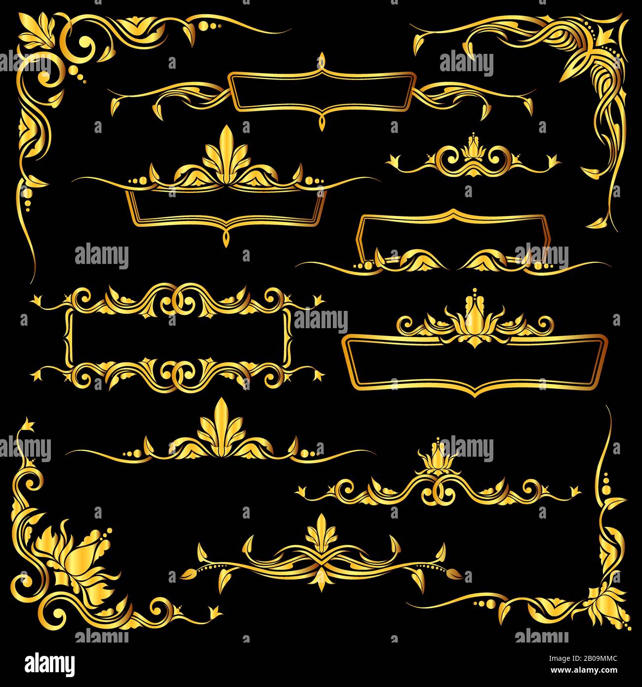Set di cornici vettoriali decorate in oro, bordi ed elementi d'angolo. Illustrazione dell'elemento floreale della cornice Illustrazione Vettoriale