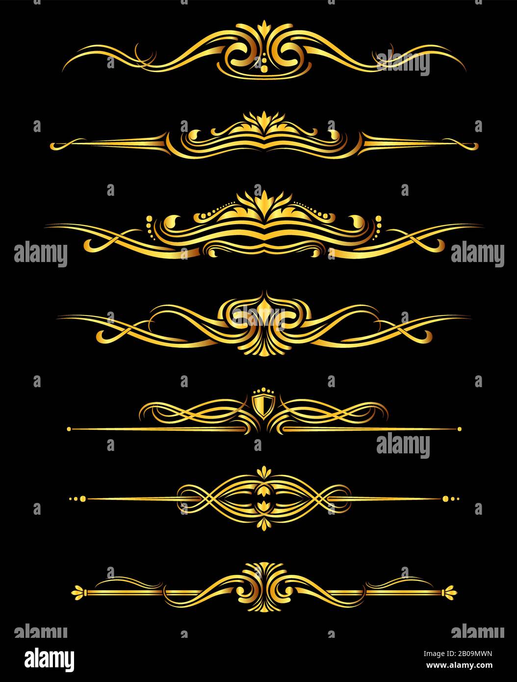 I bordi ornati in oro vettoriale hanno uno sfondo nero. Cornice di elementi decorativi per l'illustrazione di pagina Illustrazione Vettoriale