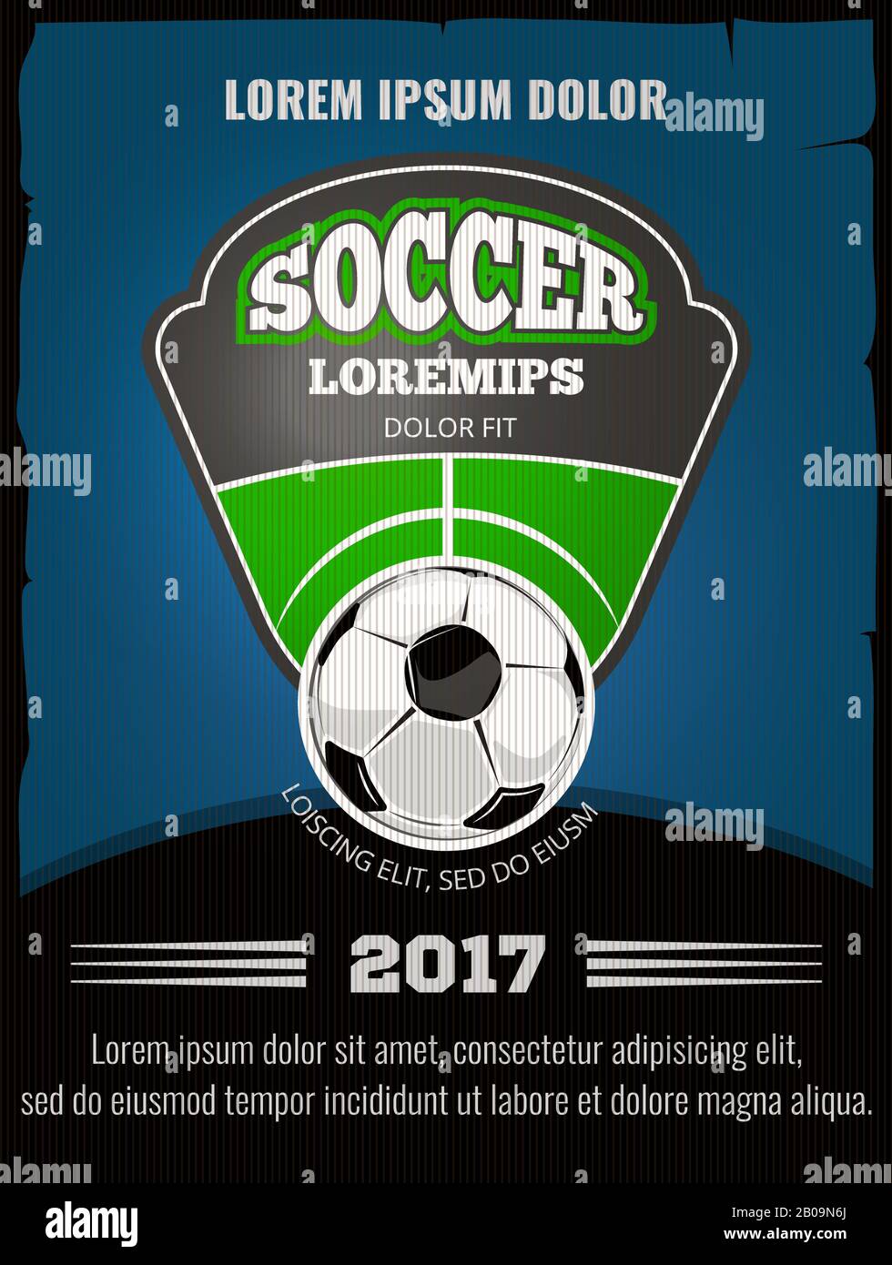 Calcio, modello del manifesto del vettore di calcio. Banner sport play con illustrazione palla Illustrazione Vettoriale