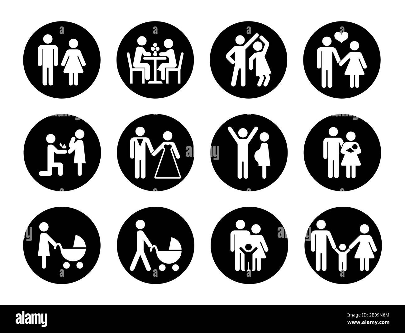 Icone vettoriali per famiglie impostate in bianco e nero. Famiglia d'amore, maschio e femmina con illustrazione del bambino Illustrazione Vettoriale