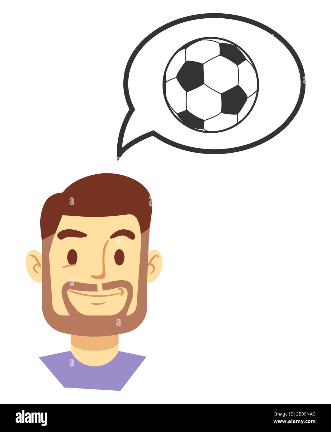 Uomo sorridente che pensa al gioco di calcio vettore illustrazione. Divertimento footbal felice Illustrazione Vettoriale