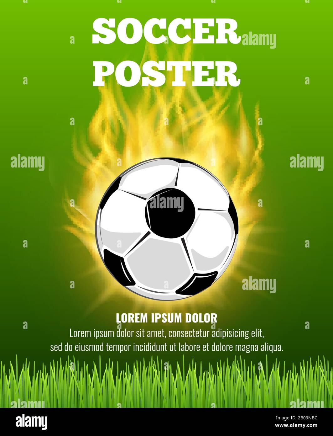 Burning palla calcio verde erba vettore modello poster. Illustrazione di banner sportivo di competizione Illustrazione Vettoriale