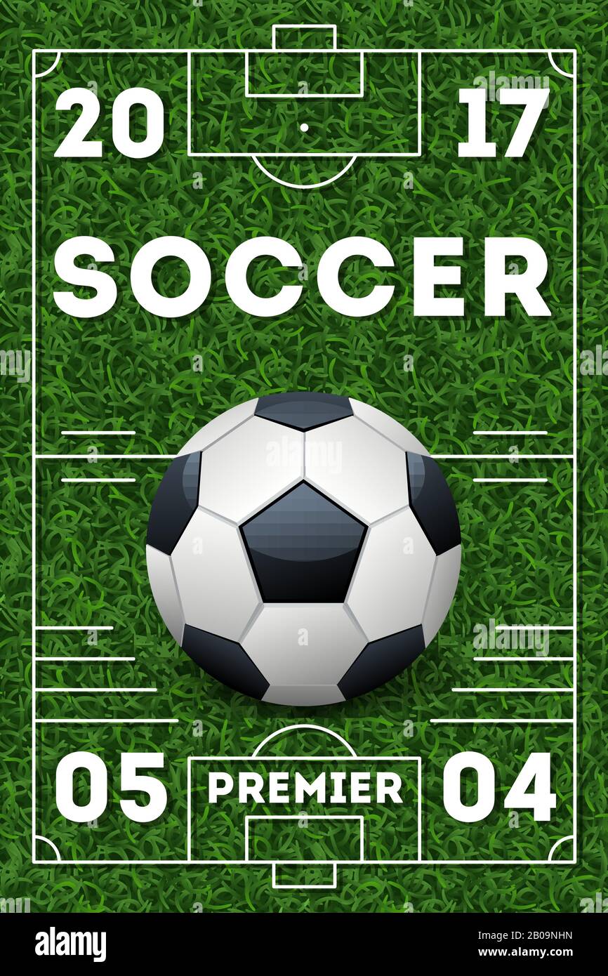 Modello di poster dei vettori di calcio. Banner per eventi sportivi con illustrazione della palla Illustrazione Vettoriale