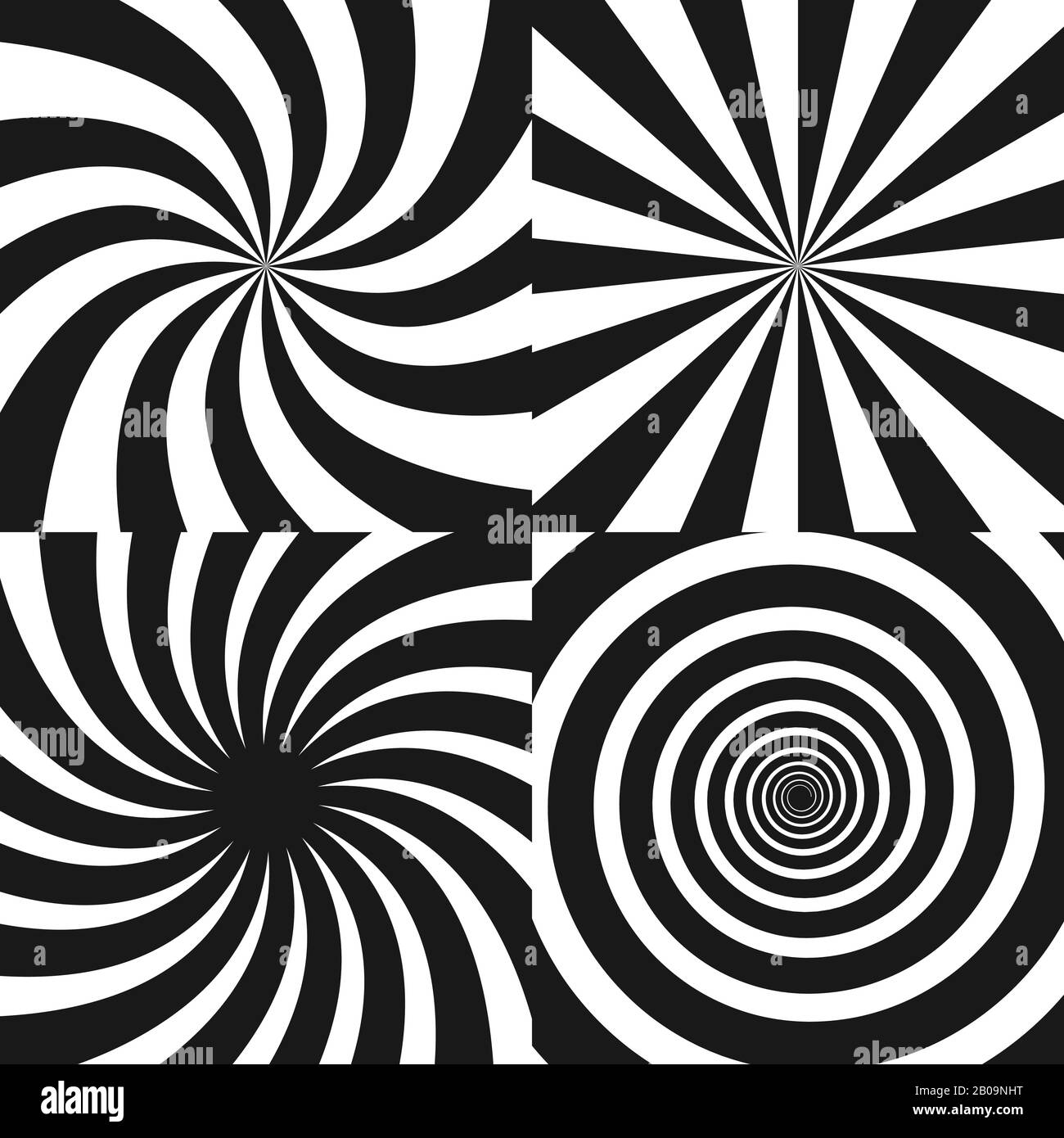 Spirale psichedelica con raggi radiali, twirl, effetto comico twisted, sfondi vortex - set vettoriale. Vortice psichedelico spirale bianca nera, effetto di vortice radiale ipnotico Illustrazione Vettoriale