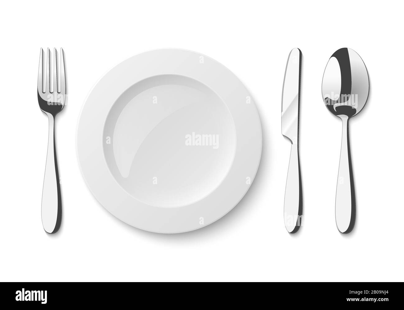 Piastra vuota con cucchiaio, coltello e forchetta. Set di posate isolate su sfondo bianco. Illustrazione Vettoriale